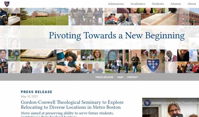 고든콘웰 신학교 홈페이지. 학교 건물 매각과 캠퍼스 이전, 새출발을 알리는 내용과 함께 보도자료가 게시돼 있다.