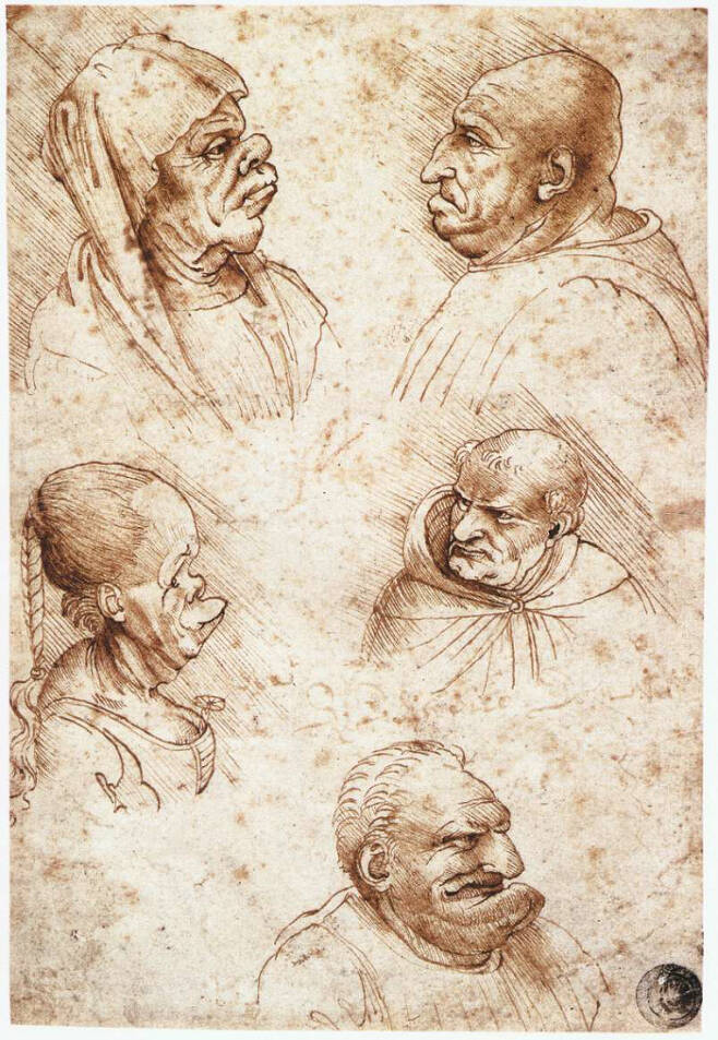 1492년쯤 레오나르도 다빈치가 그린 표정 연구. ‘모나리자’의 신비롭고 독창적인 얼굴 묘사는 다빈치가 체계적으로 감정 표현을 연구하며 탐구한 창조성의 결과물임을 보여준다.