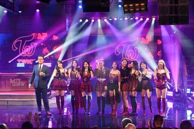 The Late Show with Stephen Colbert and  musical guest Twice during Wednesday’s May 18, 2022 show. Photo: Scott Kowalchyk/CBS ©2022 CBS Broadcasting Inc. All Rights Reserved.