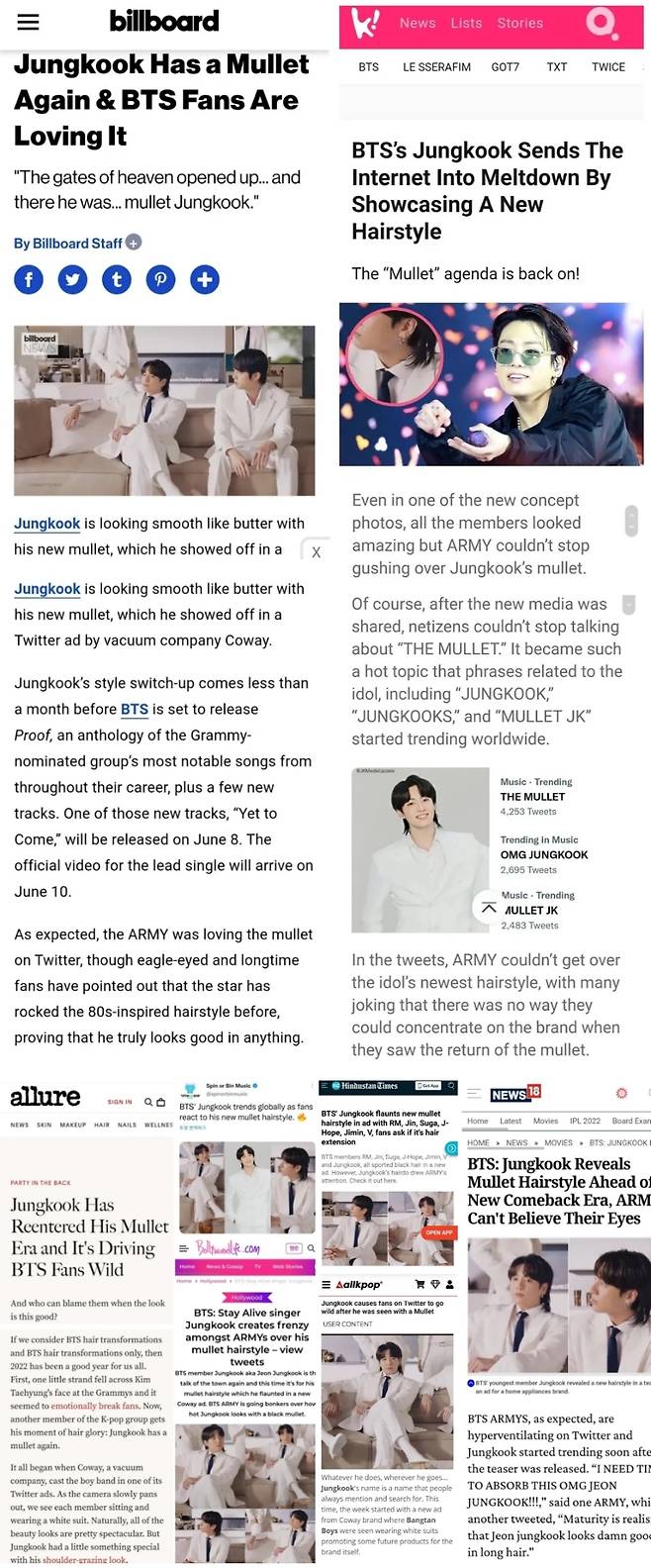 "천국의 문이 열렸다" 방탄소년단 정국 멀릿 헤어 美빌보드 등 글로벌 미디어 집중 조명