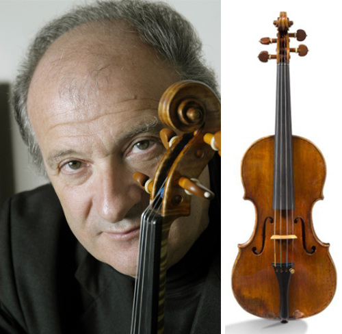 바이올리니스트 레지스 파스키에와 그가 소유한 1736년산 과르네리 델 제수. 이 바이올린은 다음 달 3일 프랑스 경매회사 아퀴트가 경매에 올린다. 아퀴트 홈페이지