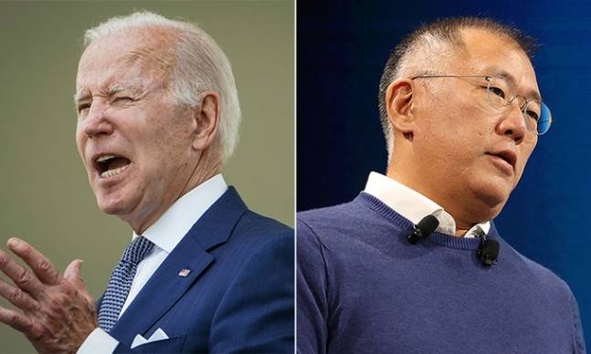 조 바이든 미국 대통령(왼쪽), 정의선 현대자동차그룹 회장. 연합뉴스