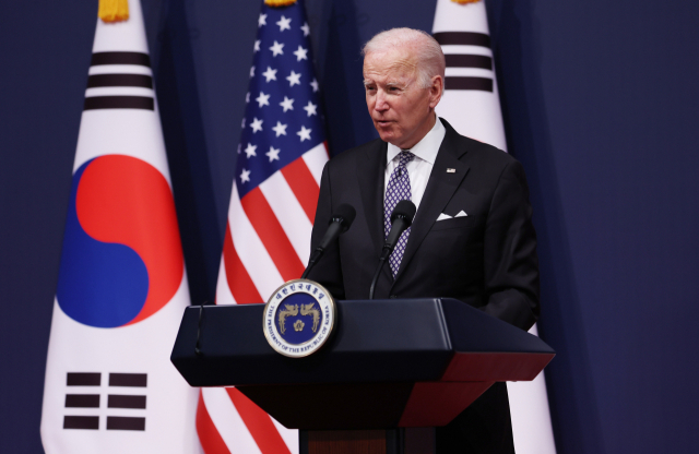 조 바이든 미국 대통령이 21일 서울 용산 대통령실 청사에서 열린 한미 정상 공동기자회견에서 발언하고 있다. /연합뉴스