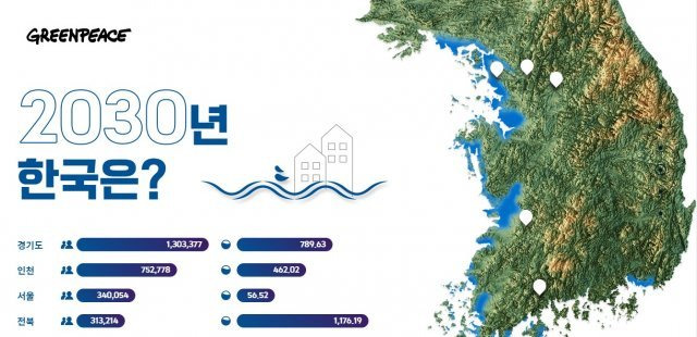 2030년 해수면 상승과 홍수가 겹칠 경우를 예상한 그린피스의 연구