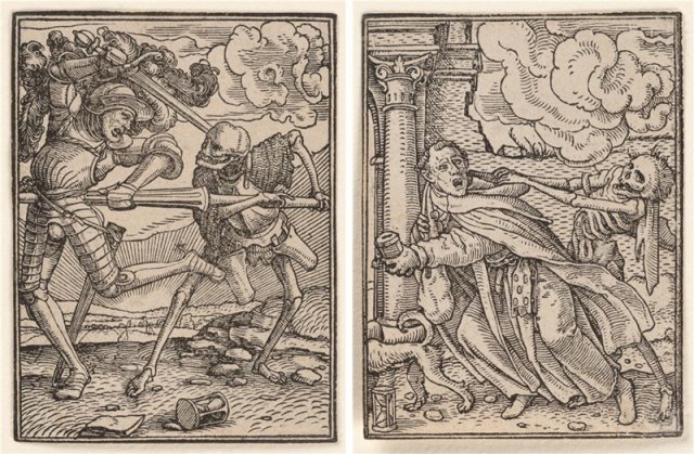 16세기 독일 화가 한스 홀바인의 ‘죽음의 춤’ 관련 작품들. 용맹한 기사(왼쪽 사진)도 고귀한 성직자도 죽음을 피해 갈 수 없다는 것을 표현하고 있다. 사진 출처 뉴욕 메트로폴리탄 미술관 홈페이지