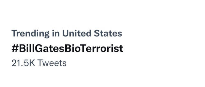 원숭이두창이 유행하는 가운데 '#BillGatesBioTerrorist'(빌게이츠는 바이오 테러리스트다)라는 해시태그가 트위터에서 확산하고 있다./사진=트위터