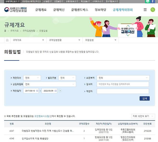 대통령 직속 규제개혁위원회가 운영하는 ‘규제정보포털’ 인터넷 홈페이지