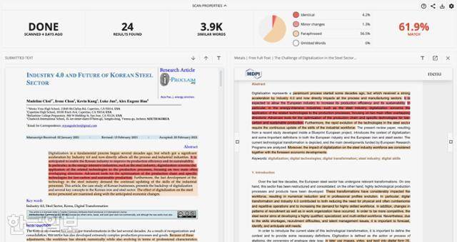 한동훈 법무부 장관의 자녀와 조카가 작성해 '약탈적 학술지'에 게재한 논문. 표절 검사 사이트 카피리크스에 따르면 이 논문의 표절률은 61.9%에 달한다. 이 논문은 현재 학술지 사이트에서 삭제된 상태다. MissyUSA 회원 제공