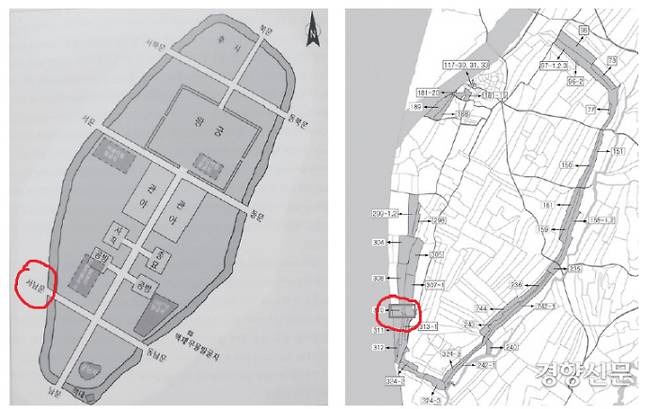 이형구 교수가 2008년 추정한 ‘풍납토성 왕궁 유적 배치도 중의 서남문지’(왼쪽 그래픽 빨간 원, (이형구 <한성백제사3> 중)와 2017년 10월 삼표레미콘(삼표산업 풍납공장) 부지에서 발굴된 서남문지(오른쪽 그래픽 빨간 원) 이형구 교수 제공