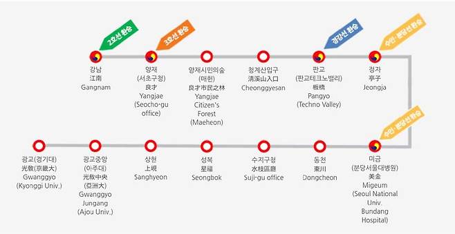 오는 28일 강남∼신사 구간이 연장 개통되는 신분당선 노선도. 신분당선 홈페이지