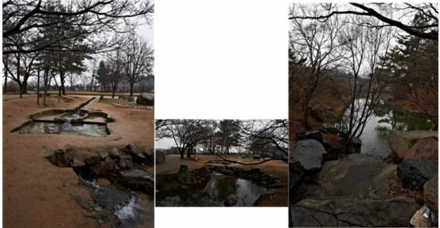 ▲ 사진7~9. 월지로 물이 들어오는 부분은 흐르다가 순차적으로 고이고 마지막 순서로는 못으로 소리 내며 떨어지는 폭포가 된다. 7세기 월지 조영 당시의 본 모습이 유일하게 남은 유적으로 용조각 등은 사라졌으나 입수되는 과정에서 불순물이 걸러지는 과정까지가 고려된 설계이다. ⓒ이순희