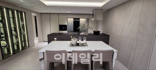 서울 신사동 ‘더샵갤러리’ 내 리모델링 유닛. 기존 후면 한편에 있던 주방을 거실 중앙으로 이동 배치했다.(사진=강신우 기자)