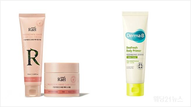 사진 : (왼쪽부터) 라엘,&nbsp;인그로운 헤어 젤 크림 및 인그로운 헤어 스크럽. 더마비,&nbsp;데오 프레쉬 바디 프라이머