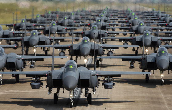 The South Korean Air Force conducted an "elephant walk" of 30 F-15 fighter jets taxiing in tight formation on Tuesday, according to the Joint Chiefs of Staff (JCS) on Wednesday. The exercise was meant to "send a message that our fighter jets are always ready to defend our skies." [JOINT CHIEFS OF STAFF]