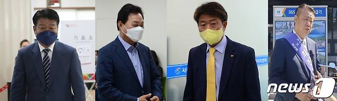 제8회 전국동시지방선거 경남도지사에 도전하는 각 정당의 후보들이 27일 창원과 통영의 사전투표소를 찾았다. 왼쪽부터 양문석 더불어민주당, 박완수 국민의힘, 여영국 정의당, 최진석 통일한국당 후보.© 뉴스1