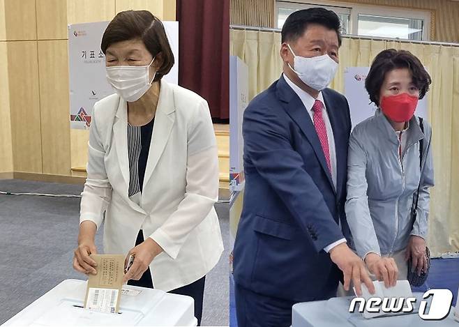 노옥희 울산교육감 후보(왼쪽부터)와 김주홍 후보 내외가 제8회 전국동시지방선거 사전투표일인 27일 각각 남구청 5층, 무거동 건강생활지원센터에 마련된 사전투표소에서 투표를 하고 있다. (노옥희·김주홍 후보 캠프 제공) 2022.5.27/뉴스1 © News1