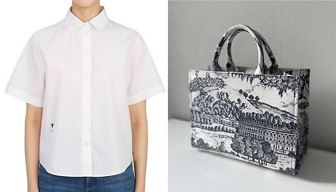 27일 김 여사가 착용한 것으로 추정되는 디올 셔츠(왼쪽)과 빌리언템 가방. /SSG닷컴, 빌리언텔 인스타그램