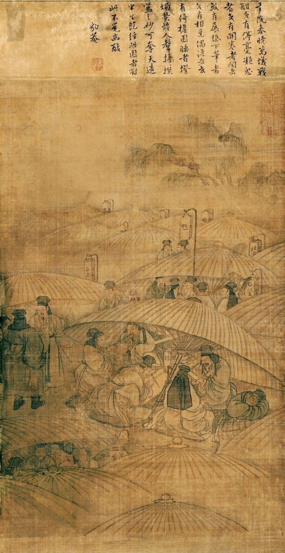 풍속화가 단원 김홍도의 ‘공원춘 효도(貢院春曉圖·부분)’. 봄날 새벽에 열린 과거시험장 풍경이다. [사진 서울옥션]