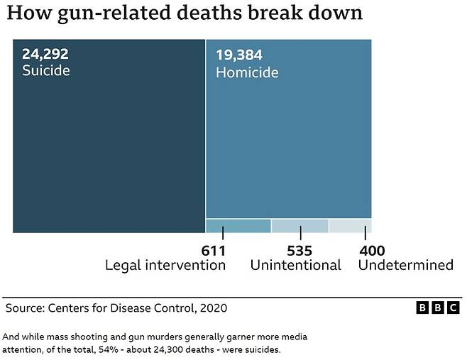 2020년 미국 총기 사망자 통계.&nbsp;미국 질병통제예방센터(CDC) 제공