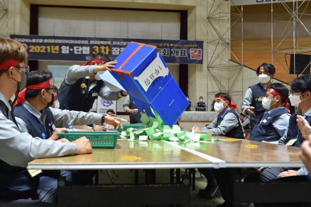 현대건설기계와 현대일렉트릭 노조가 27일 울산에서 3차 잠정합의안에 대한 찬반투표 개표를 진행하고 있다. 사진제공=현대중공업노동조합