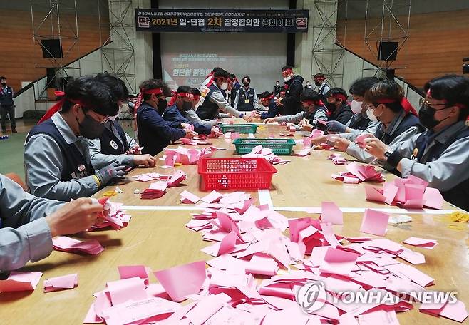 임단협 찬반투표 개표하는 현대중공업 노조 [현대중공업 노조 제공. 재판매 및 DB 금지]