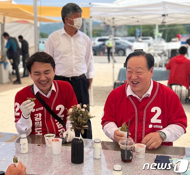 6·1 지방선거 사전투표 둘째날인 28일 김진태 국민의힘 강원도지사 후보(왼쪽)가 한기호 국민의힘 사무총장과 철원 DMZ 마켓을 찾아 이야기를 나누고 있다.(김진태 후보 선거사무소 제공) 2022.5.28/뉴스1