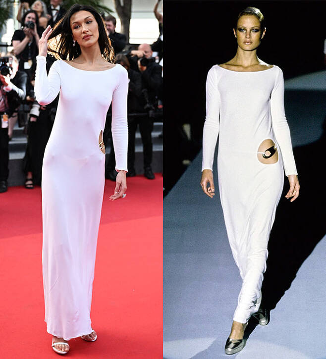 '구찌' 1996년 가을 컬렉션 드레스를 입은 모델 벨라 하디드(왼쪽)과 당시 런웨이 모델 캐롤린 머피(오른쪽)의 모습./사진=Reuters/뉴스1, 구찌(Gucci)