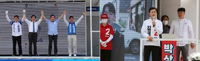 천아·아산 유세 나선 양승조·김태흠 후보 [조성민 기자]