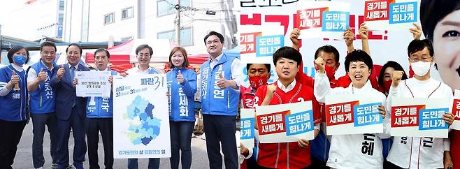 더불어민주당 김동연-국민의힘 김은혜 후보가 29일 등을 파주·포천·안산·안양 등을 각각 찾아 상인과 도민들을 만나며 지지를 호소했다. 사진은 김동연(왼쪽) 후보가 포천에서, 김은혜(오른쪽) 후보가 안산에서 유세전을 펼치고 있는 모습./© 뉴스1