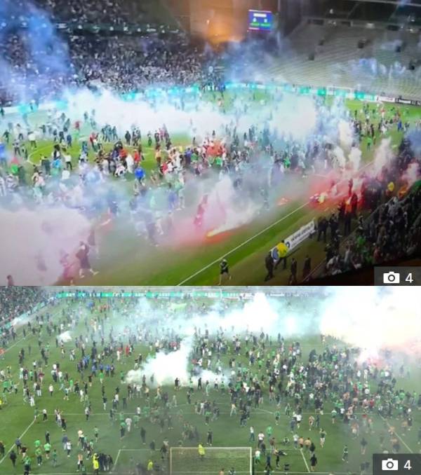 생테티엔의 강등 확정 후 아수라장이 된 프랑스 생테티엔의 스타드 조프루아 기샤르 경기장의 모습. 사진｜더선 캡처