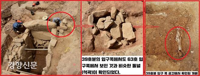 63호분 입구쪽에서 개 전용공간을 확인한 발굴단은 바로 위 39호분의 입구 쪽에도 비슷한 크기(길이 1m)의 덧널(석곽)이 조성되어 있다는 것을 깨닫게 됐다. 확인해보니 과연 심하게 부식된 개뼈도 노출됐다.|국립가야문화재연구소 제공
