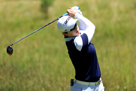 Ji Eun-hee tees off on the 14th hole during the final day of the Bank of Hope LPGA Match-Play Hosted by Shadow Creek at Shadow Creek Golf Course on Sunday in Las Vegas, Nevada.  [AFP/YONHAP]