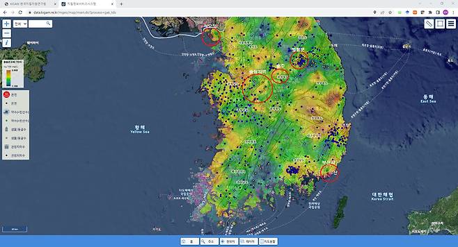 国内良い水分配マップ。 赤い丸がある地域が良い水がある地域だ。 [韓国地質資源研究院提供]