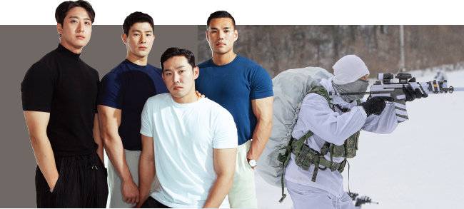 ‘강철부대 시즌2’ 특전사팀. 장태풍, 오상영, 최용준, 성태현(왼쪽부터). 특전사 장병이 올해 1월 강원 평창군 황병산에서 혹한기 특수 훈련을 하고 있다(오른쪽). [김도균, 동아DB]