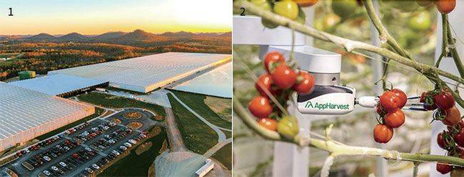 1 미국 켄터키주 모어헤드에 있는 앱하비스트 실내 농장. 2 앱하비스트의 농작물 수확 로봇. / 앱하비스트