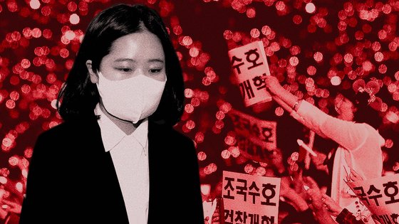 팬덤 정치에 대한 반성을 했던 박지현 전 민주당 비대위원장. 배경은 강경 지지자들의 '조국 수호' 집회 모습. 그래픽=김경진 기자