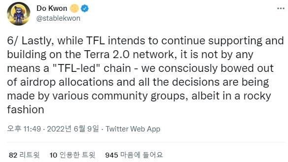 권도형 테라폼랩스 최고경영자가 지난 9일 밤 11시49분(한국시간) 트위터에 7건으로 나눠 작성한 테라 2.0 관련 입장에서 6번째  트윗. 권씨는 “테라폼랩스가 테라 2.0을 계속 지원하고 구축하려 하지만, 그것이 ‘테라폼랩스 주도(TFL-led)’라는 의미는 아니다"라고 적었다. 권도형씨 트위터
