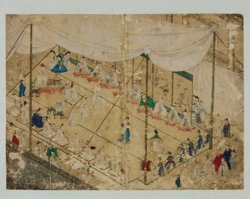 조선시대의 중요한 의례 가운데 하나였던 회혼례 잔치의 모습이다. 배경으로 놓인 병풍에 풍요와 생명력을 의미하는 포도 그림이 그려진 것을 볼 수 있다. ‘회혼례도’(回婚禮圖) 화첩 중 한 장면. 국립중앙박물관 제공