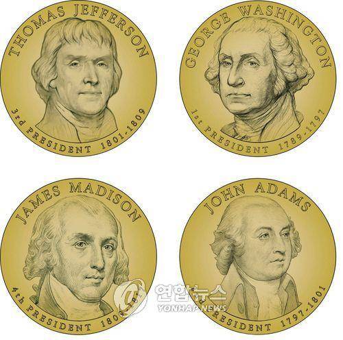 미국 1달러 동전에 새겨진 '건국의 아버지들' 위 왼쪽부터 시계방향으로 토머스 제퍼슨, 조지 워싱턴, 존 애덤스, 제임스 매디슨 [EPA 연합뉴스 자료사진. 재판매 및 DB 금지]