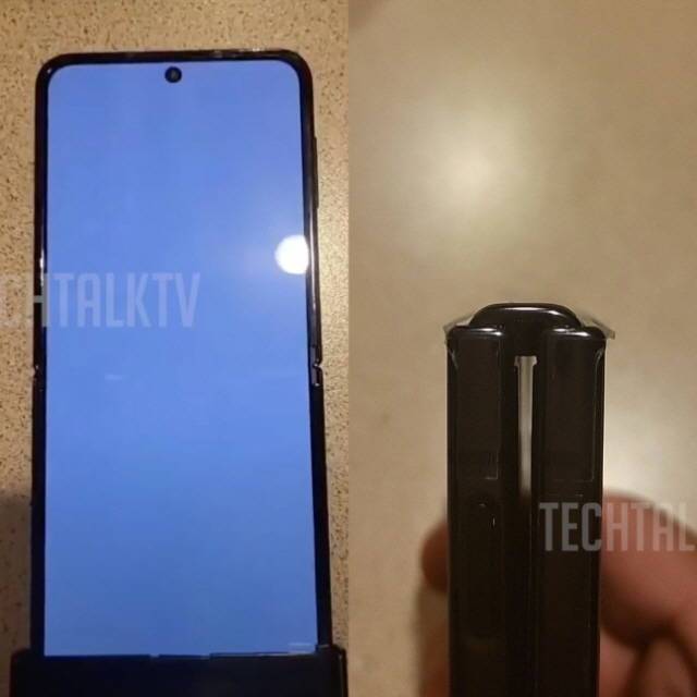 삼성전자 '갤럭시Z 플립4'로 추정되는 기기의 실물 사진이 유출됐다. 전작에 비해 디스플레이가 접히는 부분의 주름이 줄고, 힌지(경첩)가 얇아진 모습. /테크톡TV