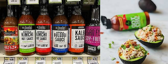 미국 대형마트에 진열된 한국식 소스들(왼쪽), CJ제일제당의 갓추(오른쪽). [aT·CJ제일제당 제공]