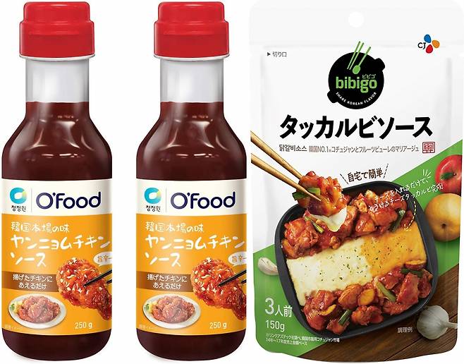 일본에서 판매 중인 청정원 양념치킨소스(왼쪽), CJ 닭갈비소스(오른쪽). [청정원·CJ 제공]