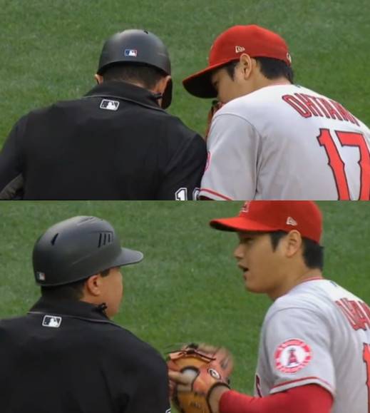 1회말 종료 후 심판에게 다가가 항의성 질문을 하는 오타니 쇼헤이의 모습. ⓒMLB 중계화면 캡쳐