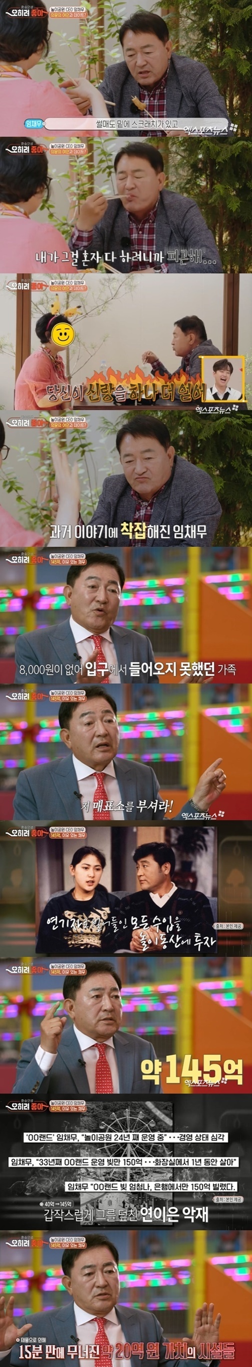 Transfer life, rather good im Chae-mu recalled the difficult memories of running an amusement park.MBC new pilot program Transfer Life, rather good broadcasted on the 17th appeared as Actor im Chae-mu, who runs an amusement park for children.I am a representative of the amusement park; I have 50 years of Actor career and have been running the amusement park for 33 years, said im Chae-mu.Im Chae-mu worked unstoppable before opening at the age of 74 as our age.After work, im Chae-mu managed the body temperature meter, installed a doorway guard line, and checked the ticket office kiosk, table and rides.Im Chae-mu told the production crew: It opened on May 1, 1889; people came in enormously; I got 2,000 won for admission.A week after the opening, a family member could not come in because there was no 8,000 won. He called the executive to break the ticket office.I first bought the land in 1989 and got a loan when I opened it in 90, and I still pay interest to 4 billion people who borrowed it.The remaining World Bank debt is about 14.5 billion won, and when the typhoon and rainy season came, the bank was overflowing and the 2 billion-won facility was swept down in 15 minutes.I could not make money because the IMF came to me afterwards. Im Chae-mu settled a meal with his wife Kim So-yeon in a pretense.My wife asked, At first, everyone is ruined, when I said I was ruined, when I sat down and drank a beer, was it too good?I dont want to go back to the beautiful things in the past, but I thought about who I was going to go to and ask for money, said im Chae-mu.Did you not fall on the toilet bench? the wife recalled.Im Chae-mu told the production team: Heart Rhythm Society came.He didnt fall, but if he moved a lot, he was breathing fast, so he went to the emergency room.I went to World Bank a few times to get a default. Im can do it. I came here.If you do your best and do not do bad things, someone will help you. Photo: MBC Broadcasting Screen
