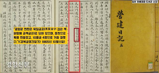 일본 와세다대도서관 소장 <경복궁 영건일기> 1865년 10월11일자는 “광화문 현판은 묵질금자(黑質金字·검은 색 바탕에 금색글자)로 되어 있으며, 동판으로 획을 만들었고, 10품금 4량으로 거듭 칠했다”고 했다.|김민규의 논문에서