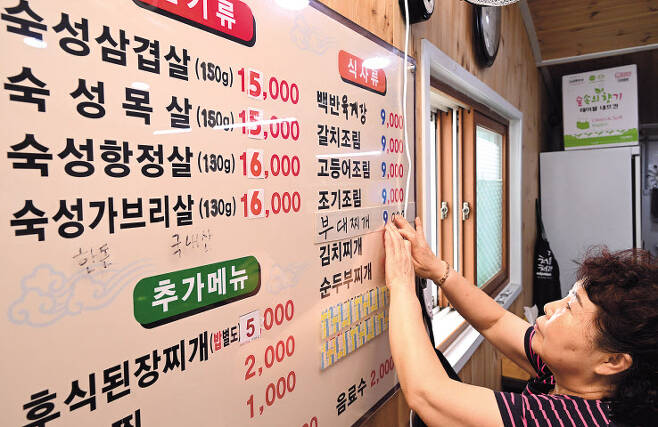전방위적으로 물가가 대폭 상승해 밥상 물가가 지속적으로 오르고 있는 가운데 21일 서울 종로구의 한 식당에서 업주가 인상된 가격으로 메뉴판 가격을 수정하고 있다. 임세준 기자