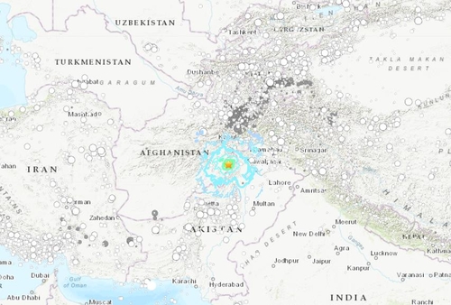 22일 아프간 지진 발생 위치. USGS 홈페이지 캡처. 연합뉴스
