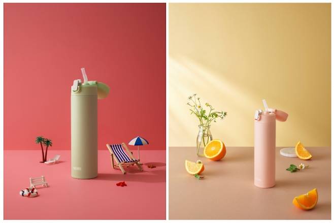 써모스가 여름을 맞아 원터치 오픈 마개에 실리콘 빨대가 내장되어 언제 어디서나 간편하고 깔끔하게 음용할 수 있는 '슬림 스트로 텀블러'를 선보였다. (써모스 제공)