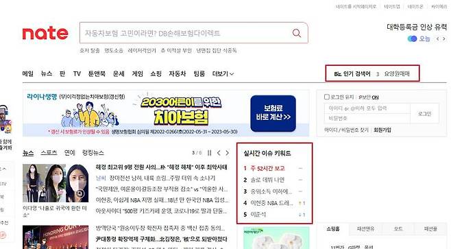네이트의 실시간 검색어 서비스. 이슈 검색어와 Biz 인기 검색어로 나누어져 있다. 출처=네이트 캡처