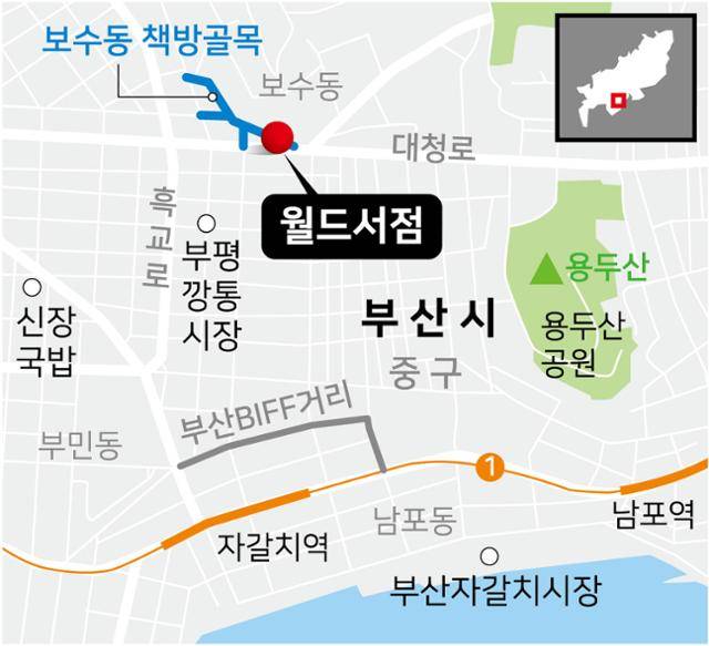 부산 보수동 책방골목에 있는 월드서점 위치도.